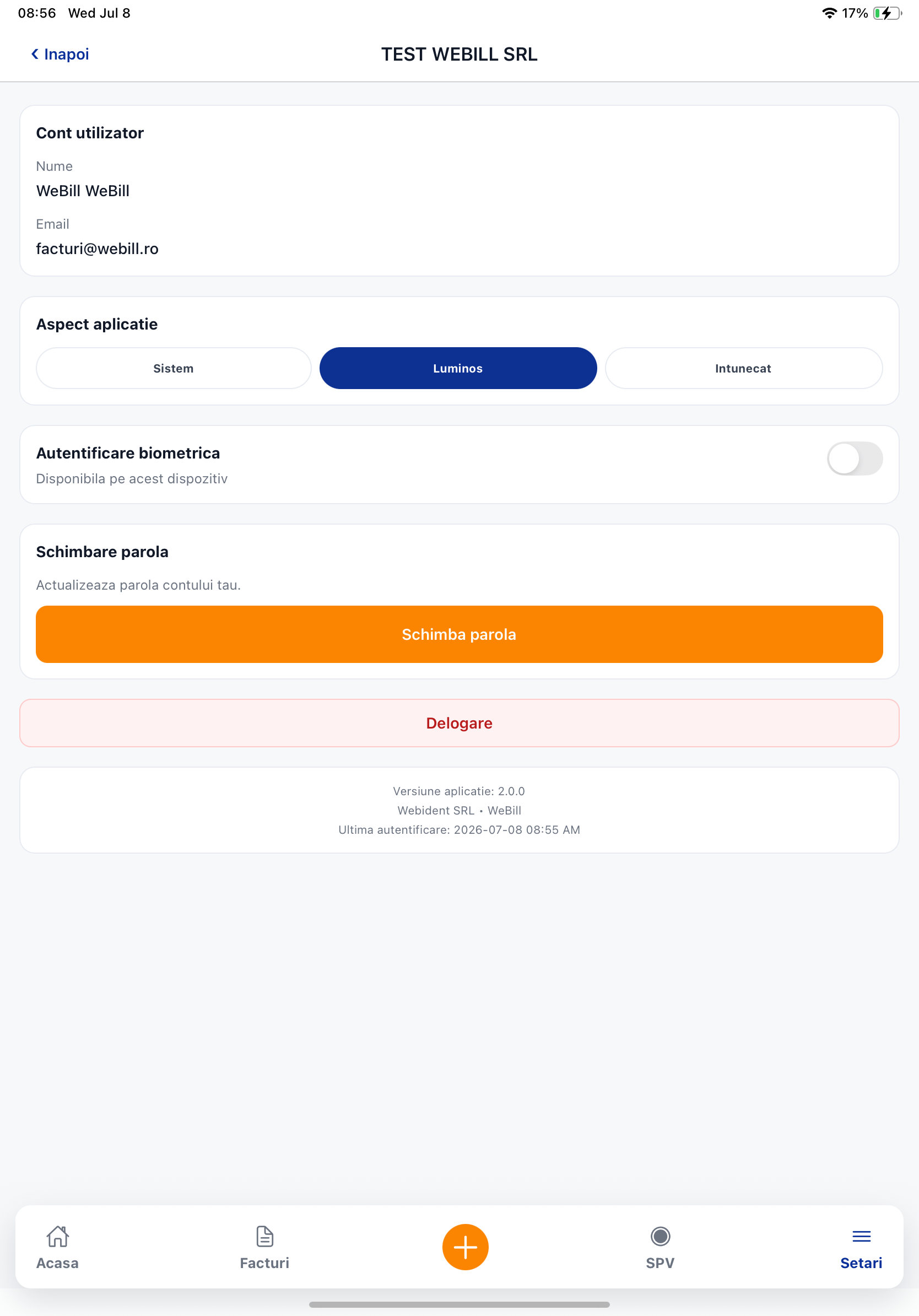 Administrare WeBill pe tableta